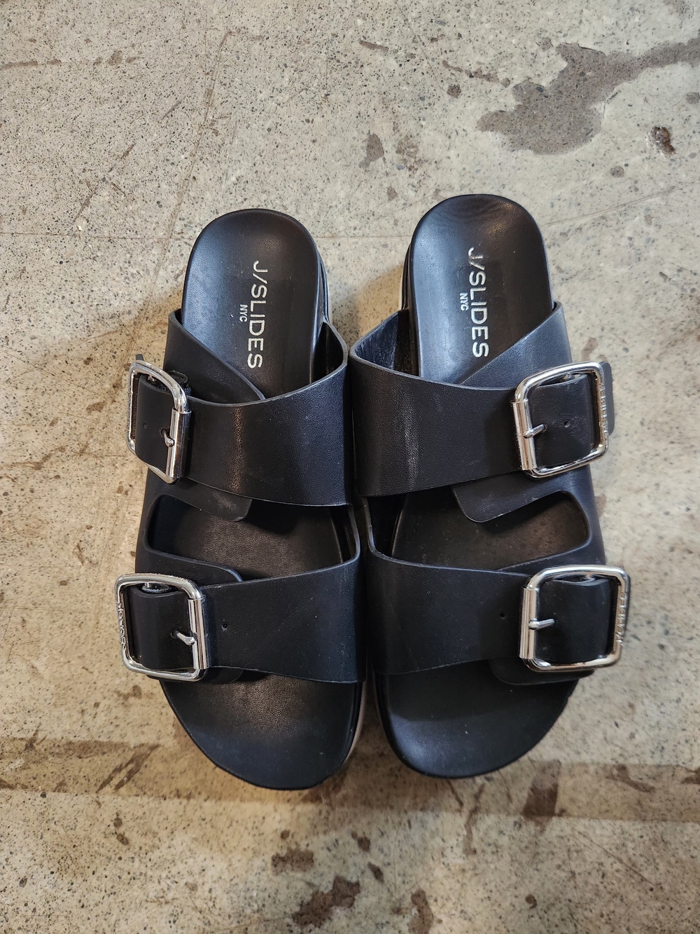 J/SLIDES Black Buckle Two-Strap Slide Sandals